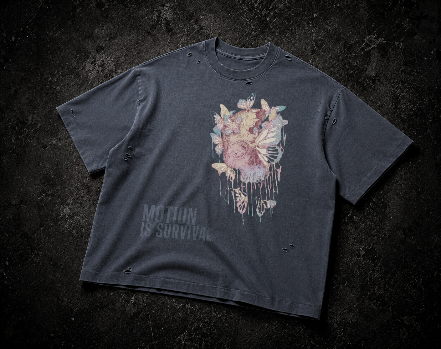 MOTION IS SURVIVAL DISTRESSED TEE