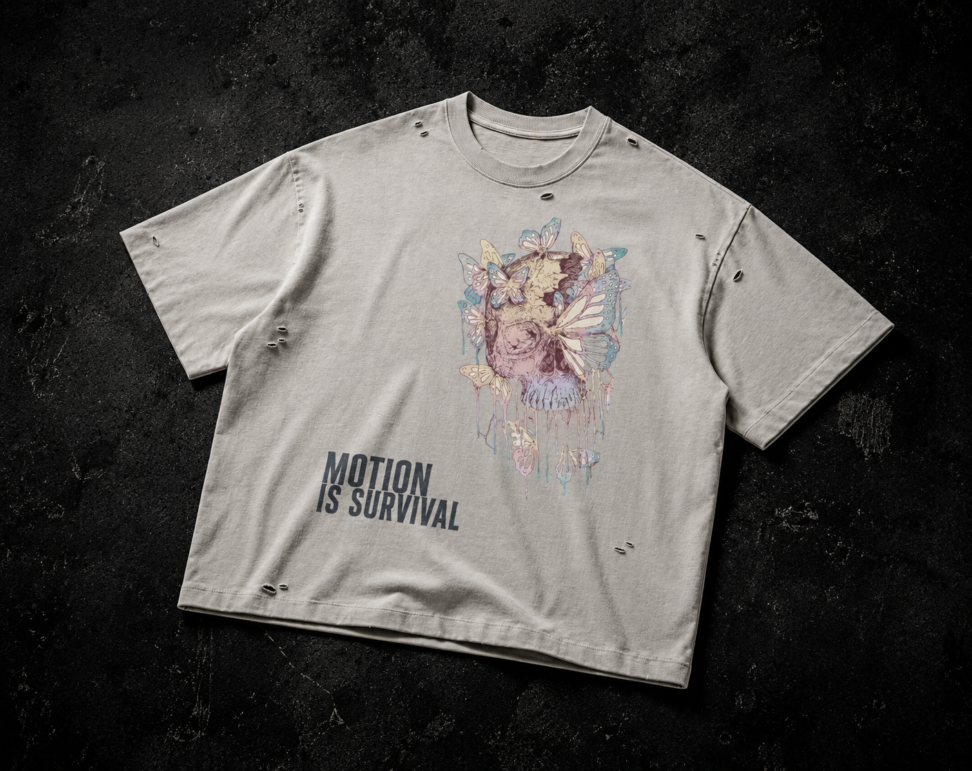 MOTION IS SURVIVAL DISTRESSED TEE